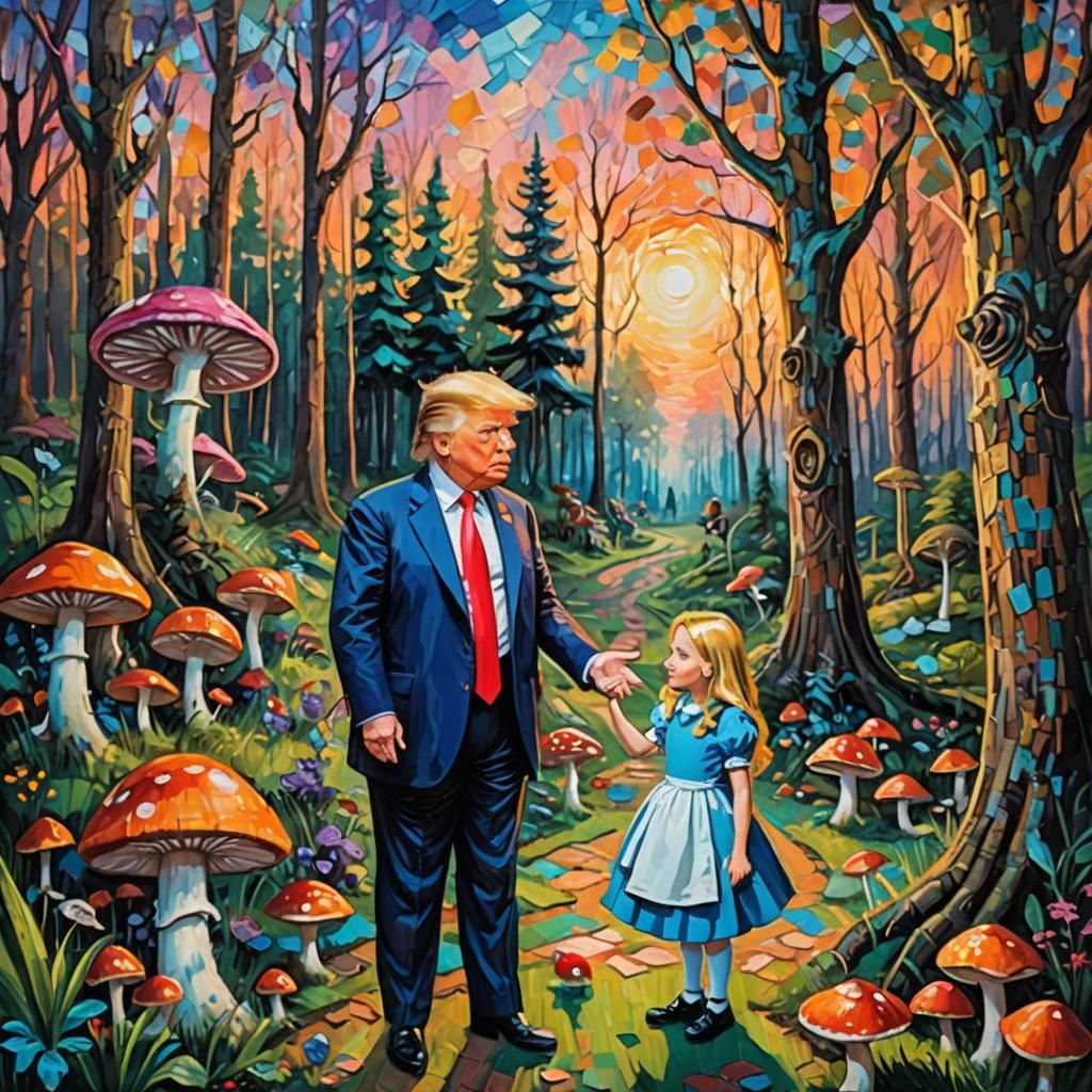 Alice Meets Trump in Wonderland, Expressionist Painting