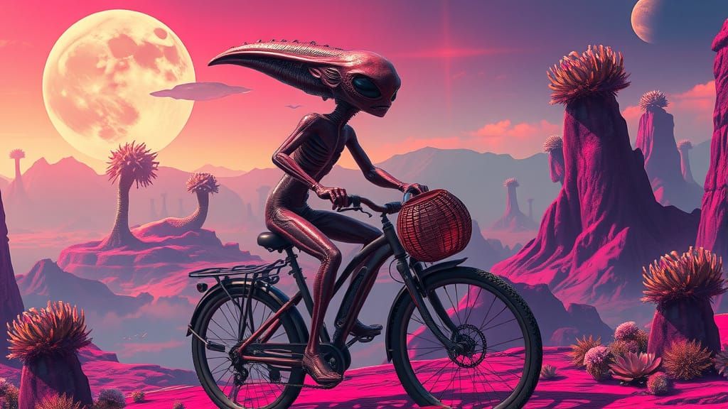 Alien Rides Bicycle on Alien Planet: Sci-Fi Digital Art