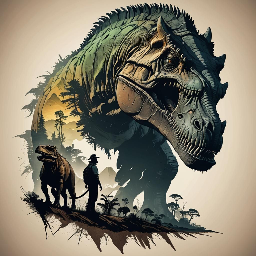 Mesozoic Era: Double Exposure Dinosaur Panorama