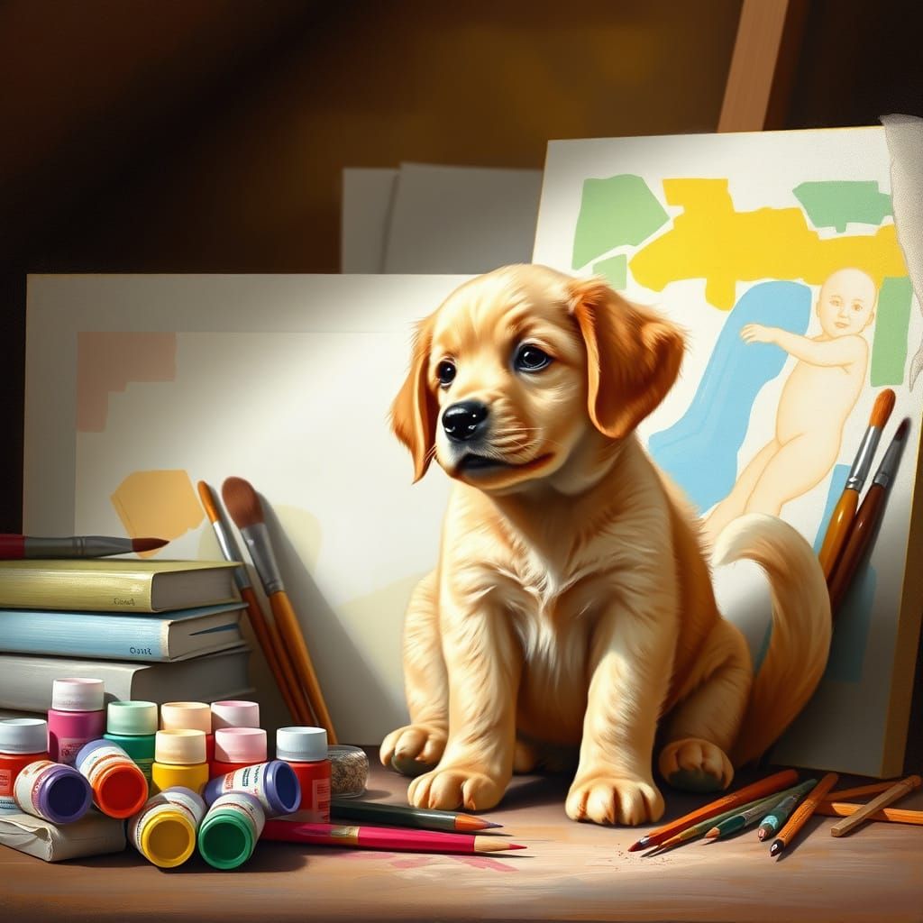 Golden Retriever Puppy at Art Station, in Classical Oil Pain...