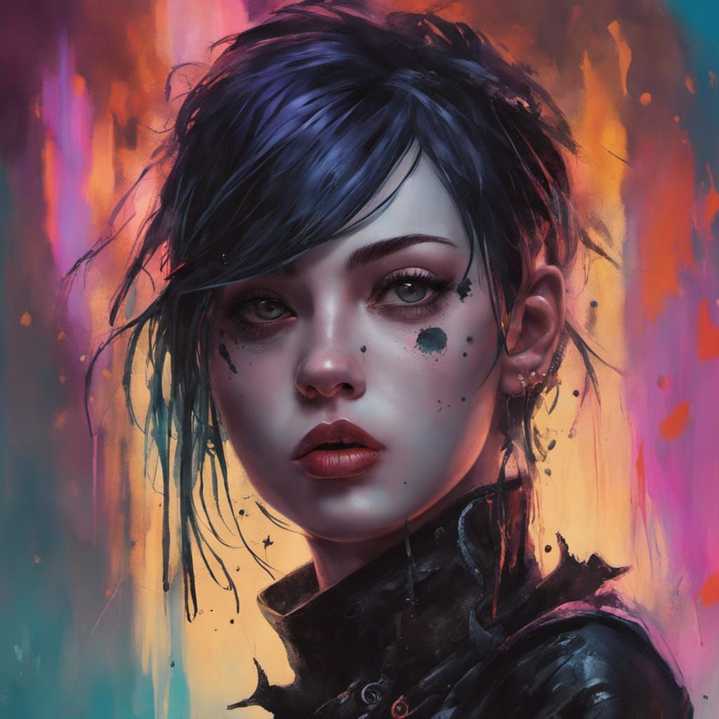 Detailed Goth Girl Portrait in Splash Art Style