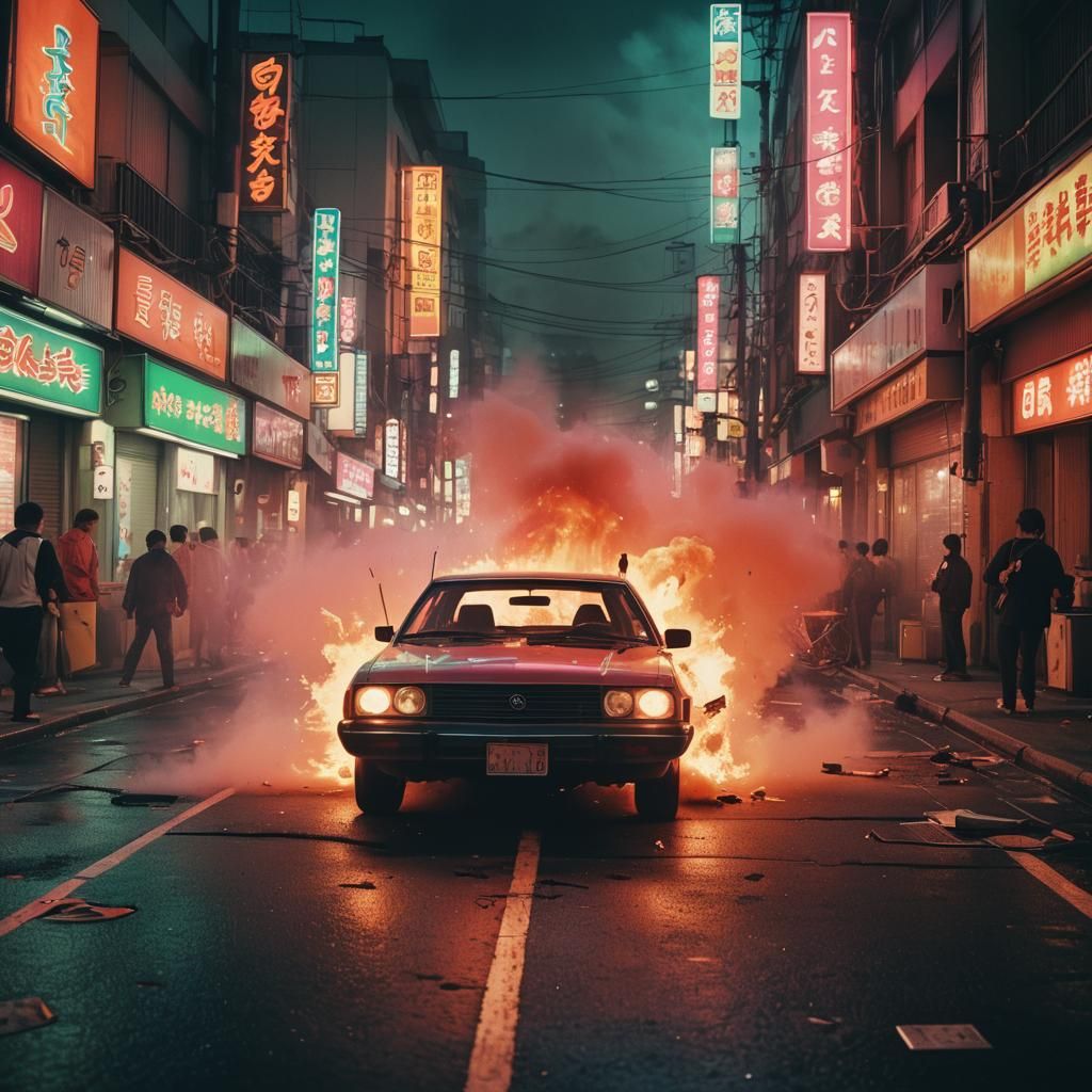 Car Explosion in Tokyo Street: Cinematic Film Still