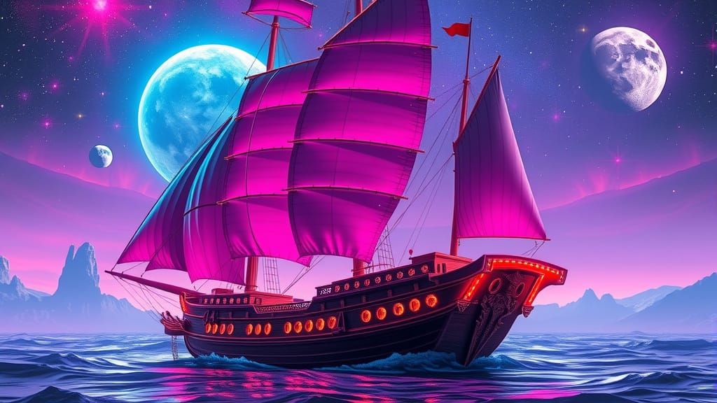 Ancient Phoenician Ship in Retro-Futuristic Cosmos