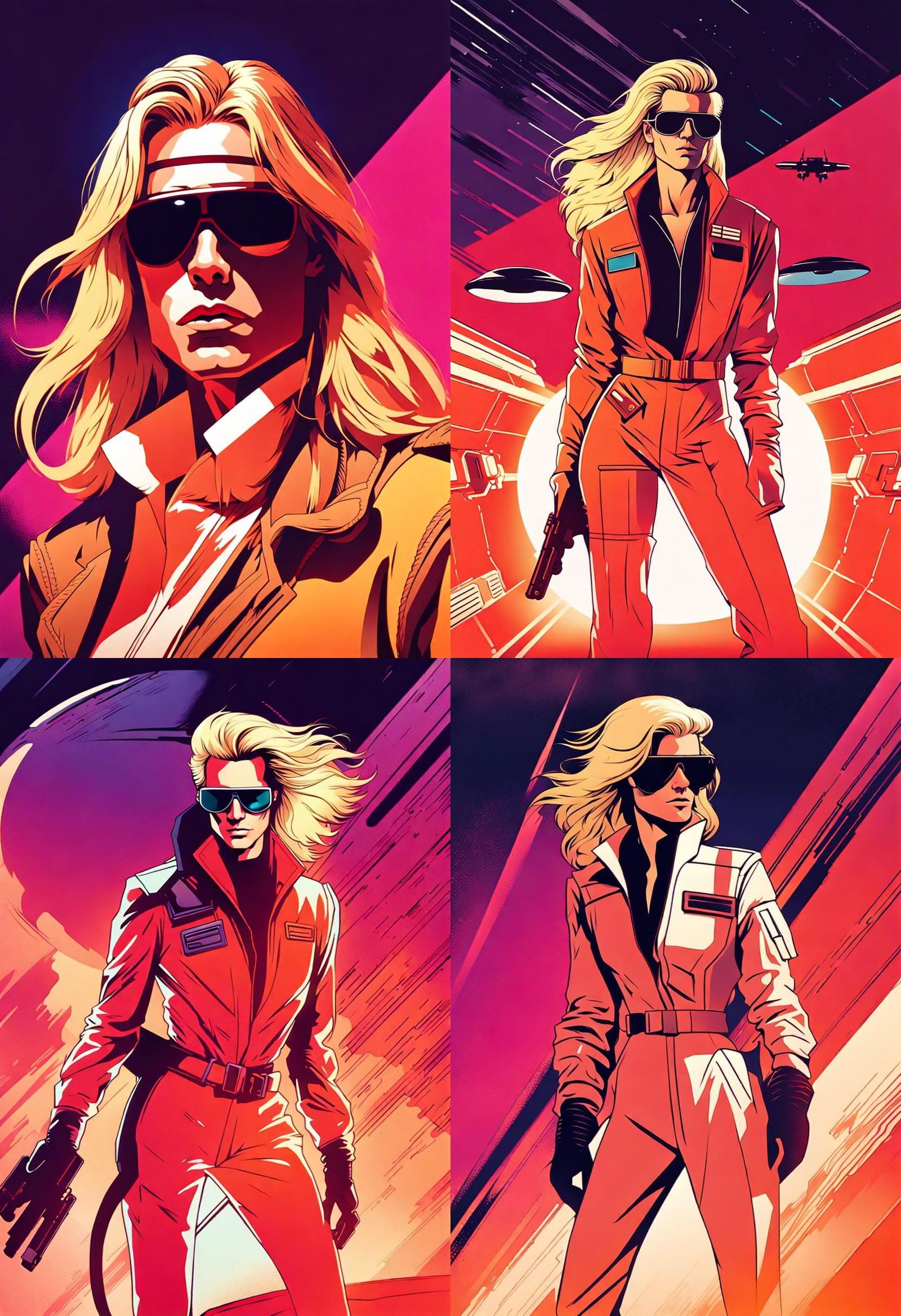 attractive androgynous male space pilot with long blonde hair and 80s aviators with an enigmatic charismatic presence, R...