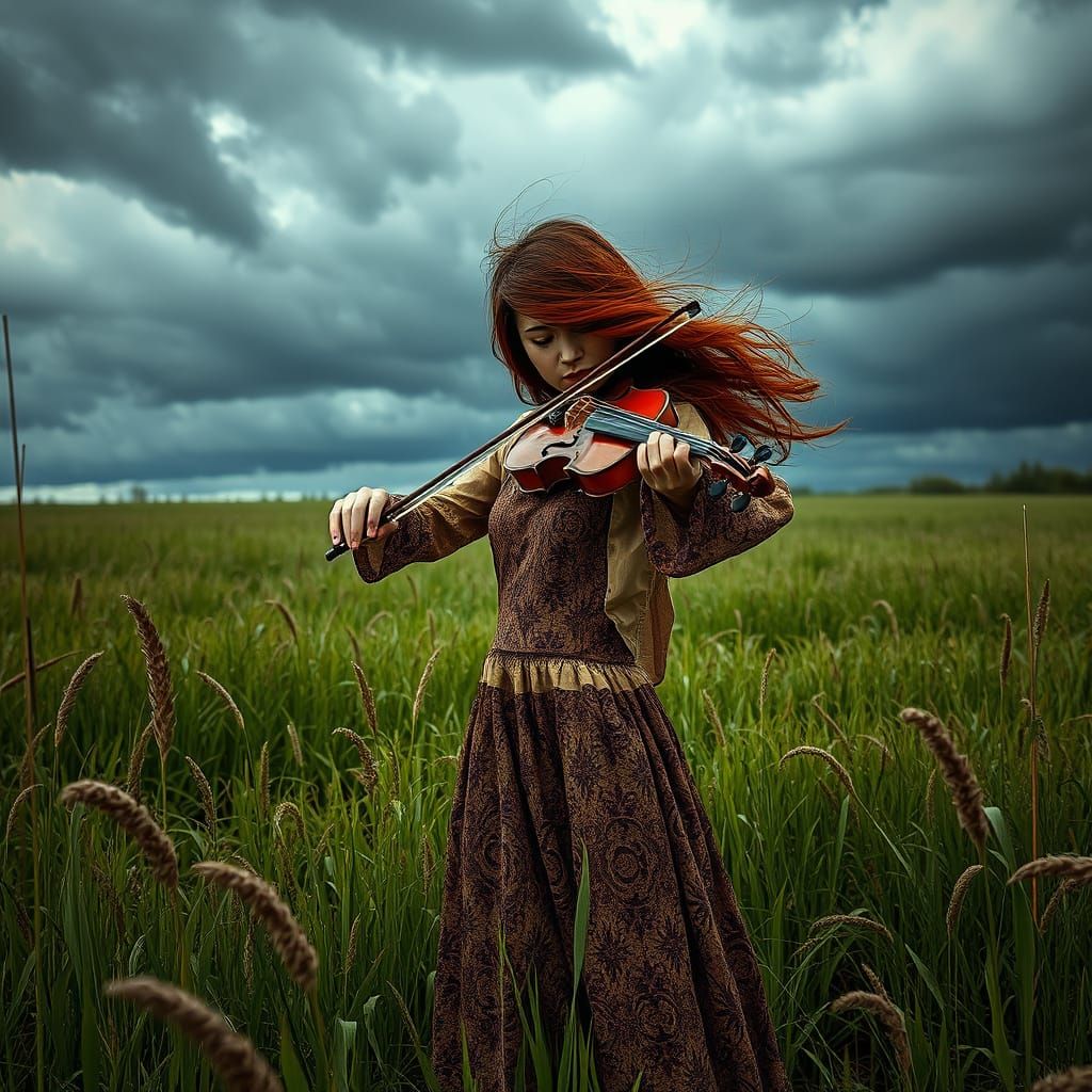 Woman Plays Violin in Storm, Hyperrealistic Style