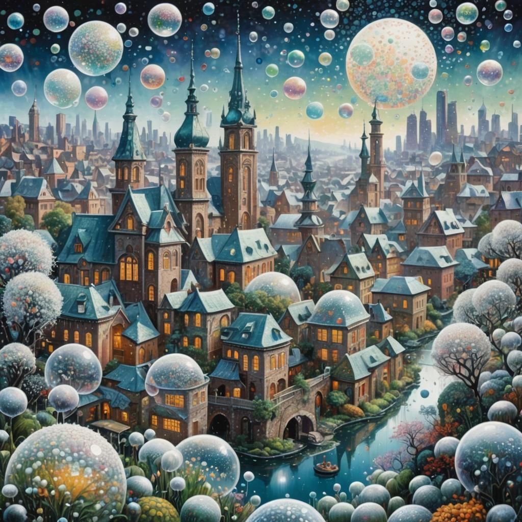 Enchanted Cityscape in Pointillist Winter Landscape