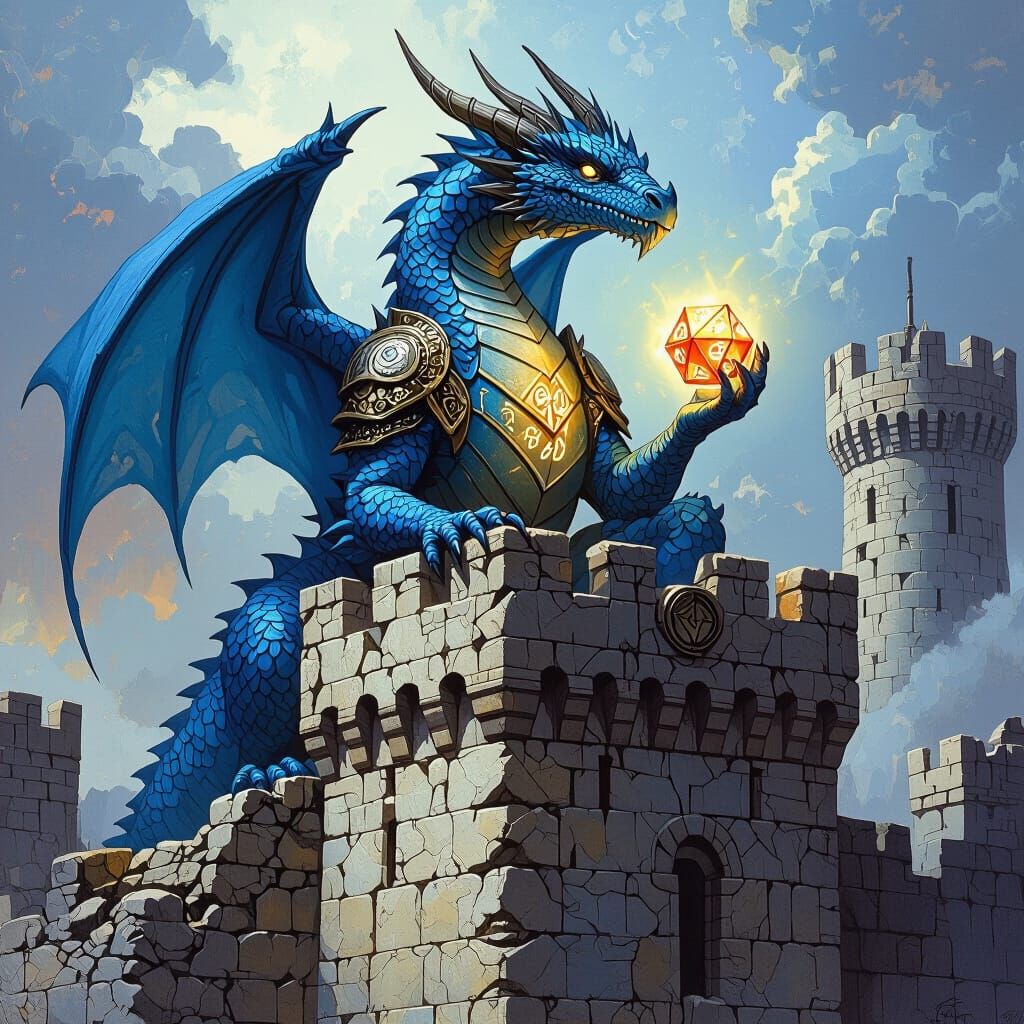 Blue Dragon with D20 on Fortress, Fantasy Art