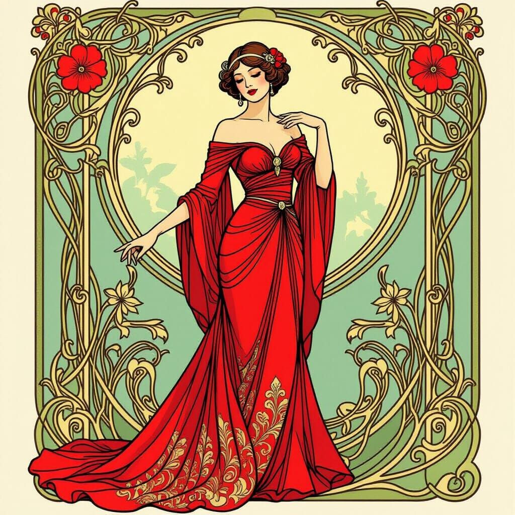 Elegant Woman in Red Gown, Art Nouveau Illustration