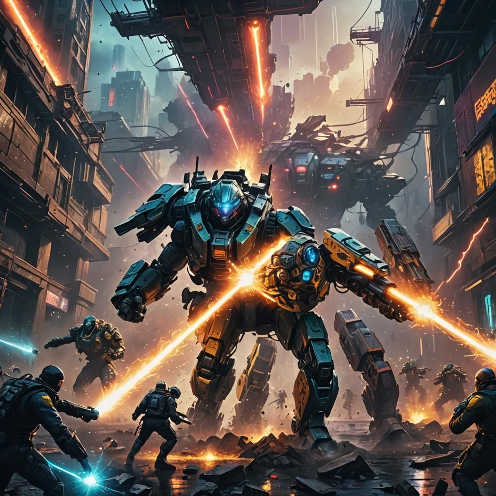 Dystopian Sci-Fi Epic Boss Fight in Hyperrealistic Style