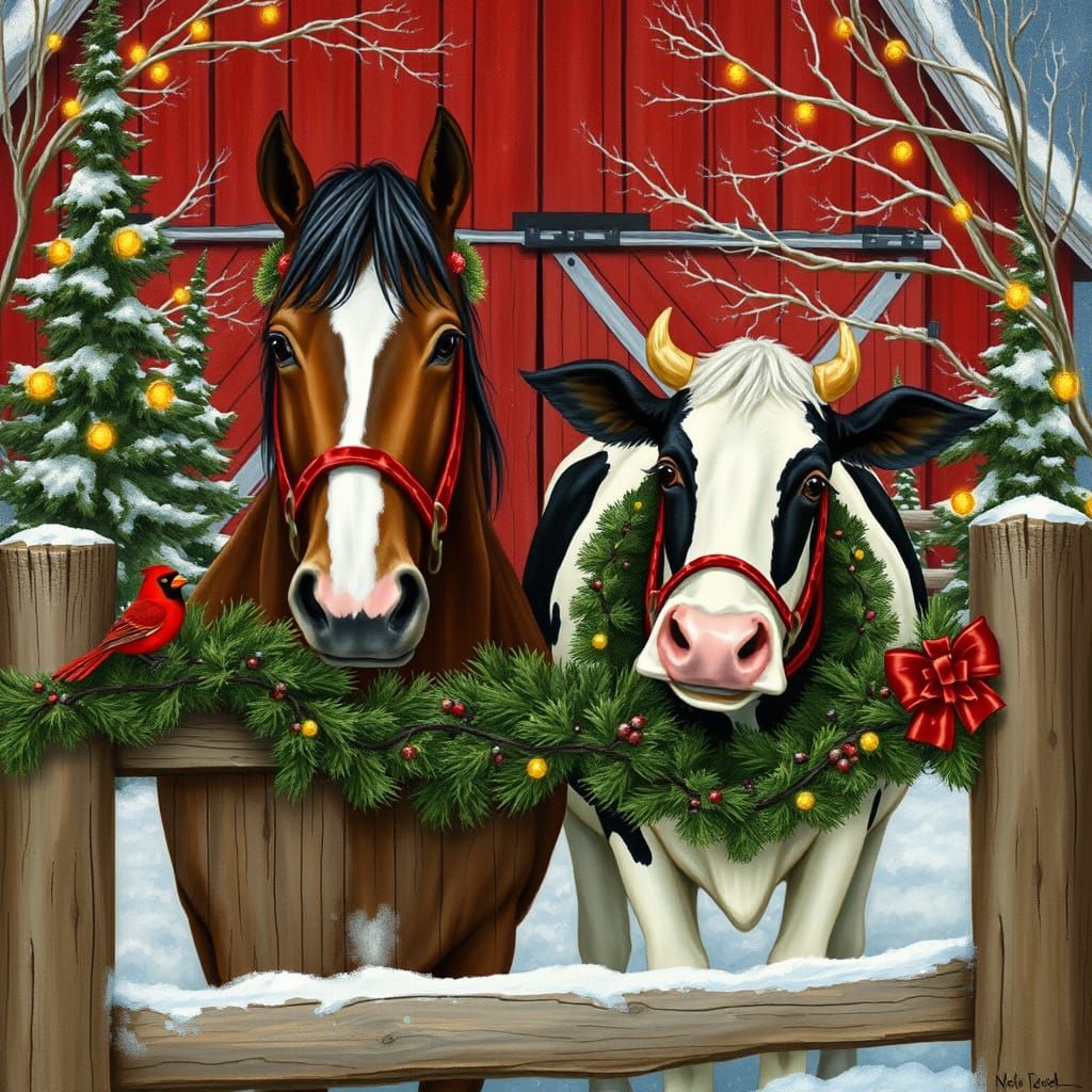 Festive Horse and Cow in Winter Farm Scene