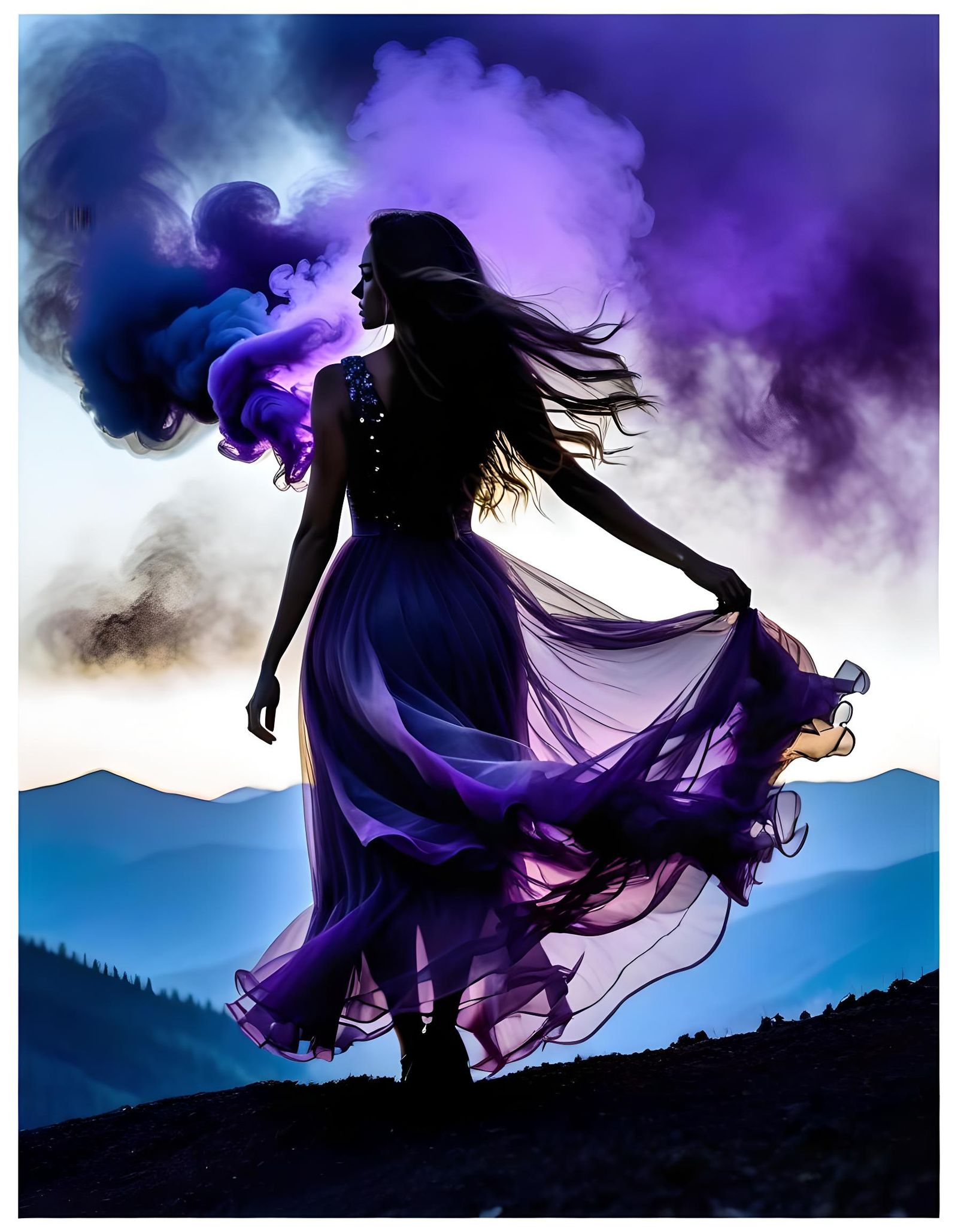 Silhouette of Girl with Swirling Dress and Smoky Hair