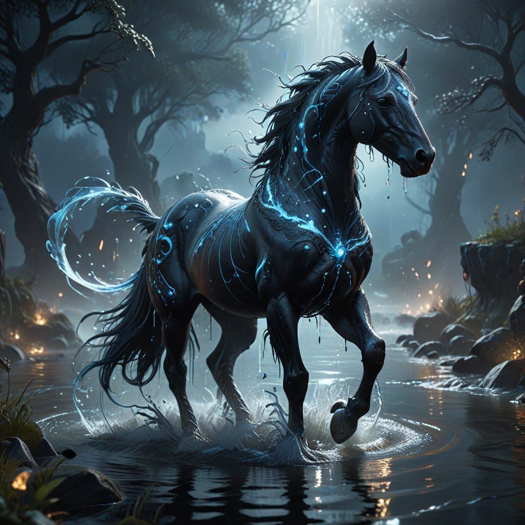 Ethereal Kelpie Emerges from Misty Waters in Dark Fantasy