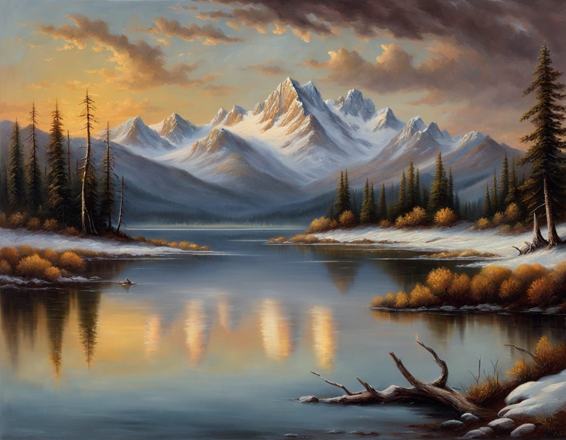 Snowy Mountains and Lake at Twilight as Oil Painting