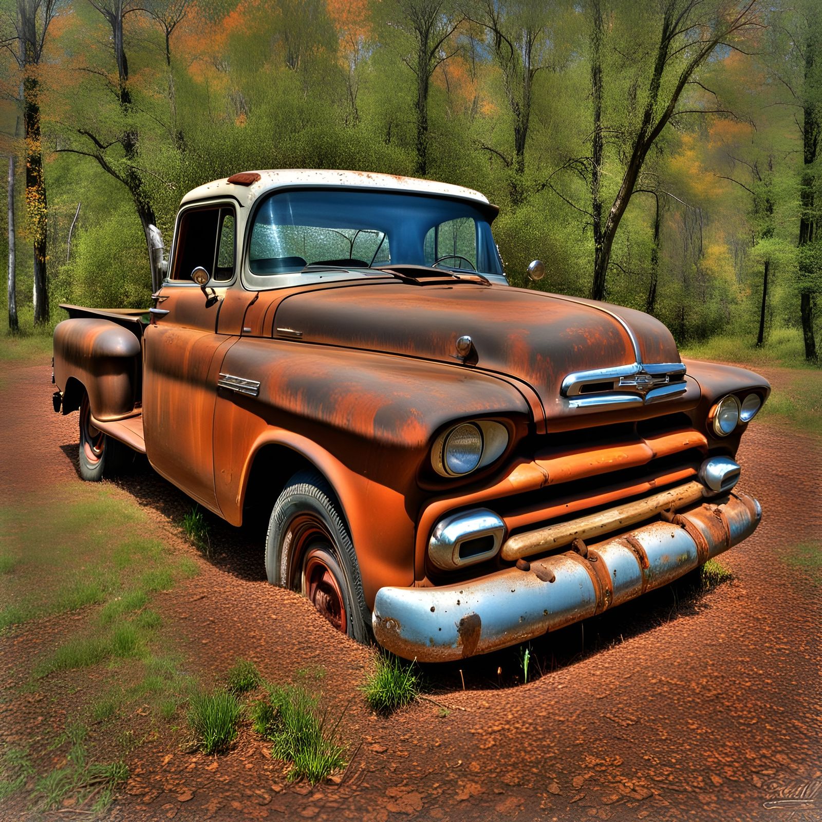 HDR style photo, place an old chevy truck with a faded black...