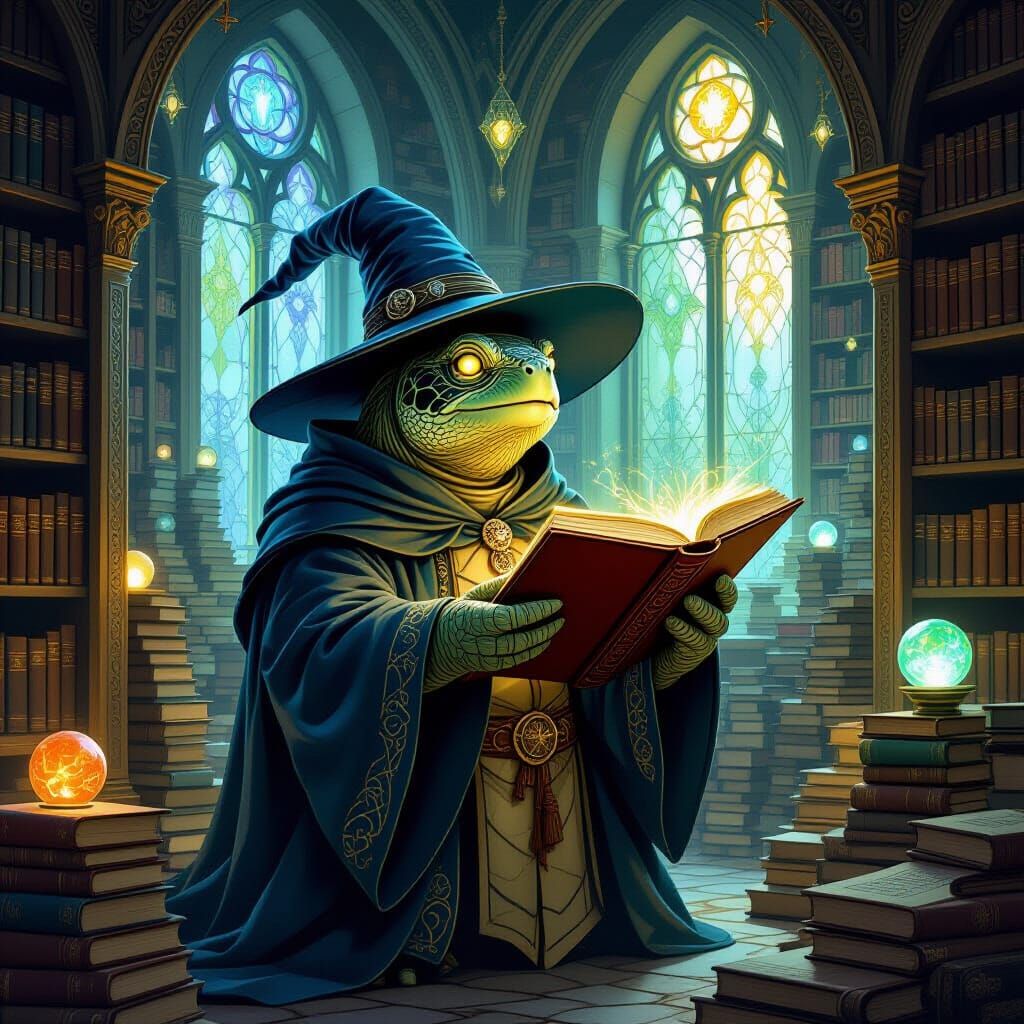 Whimsical Wizard Tortoise in Mystical Library