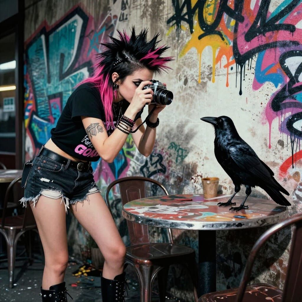 Punk Woman with Camera in LA Cafe