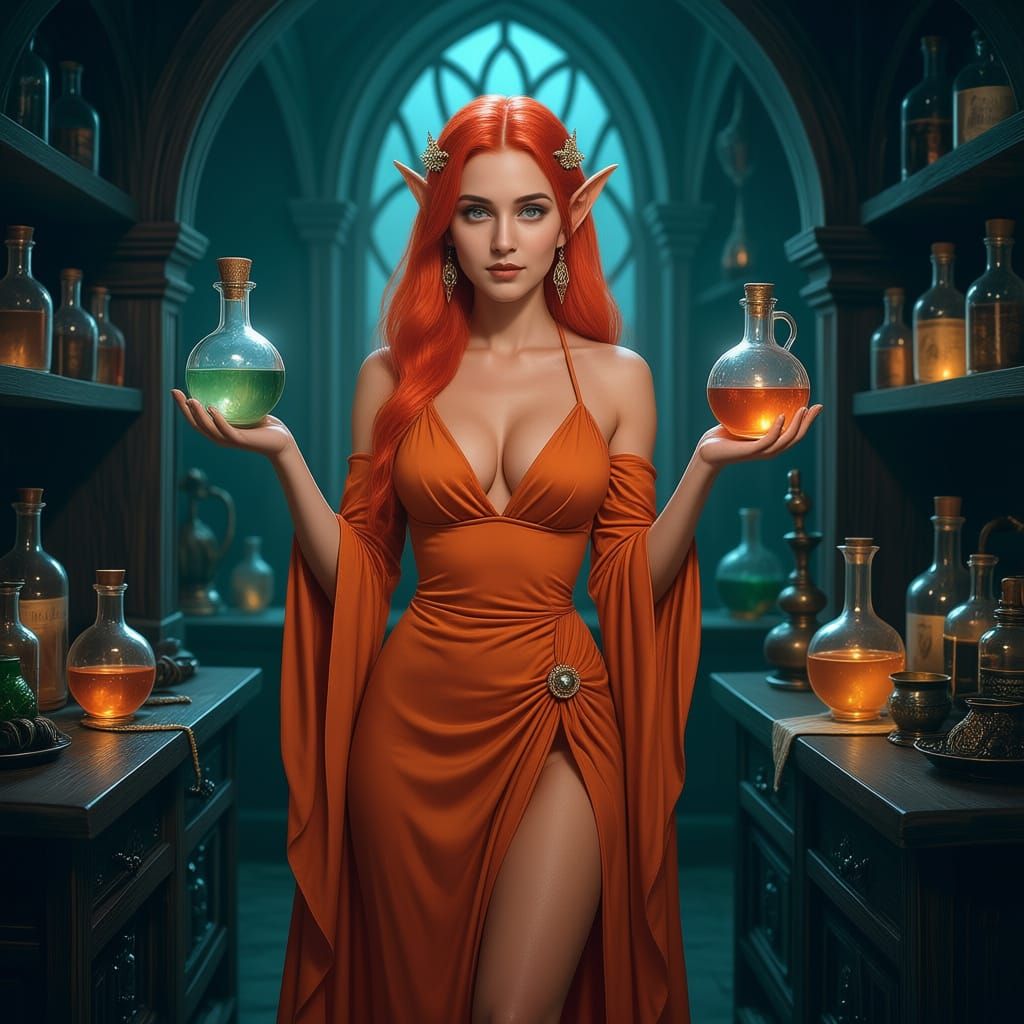 Captivating Elf Potion Seller in Magical Chamber