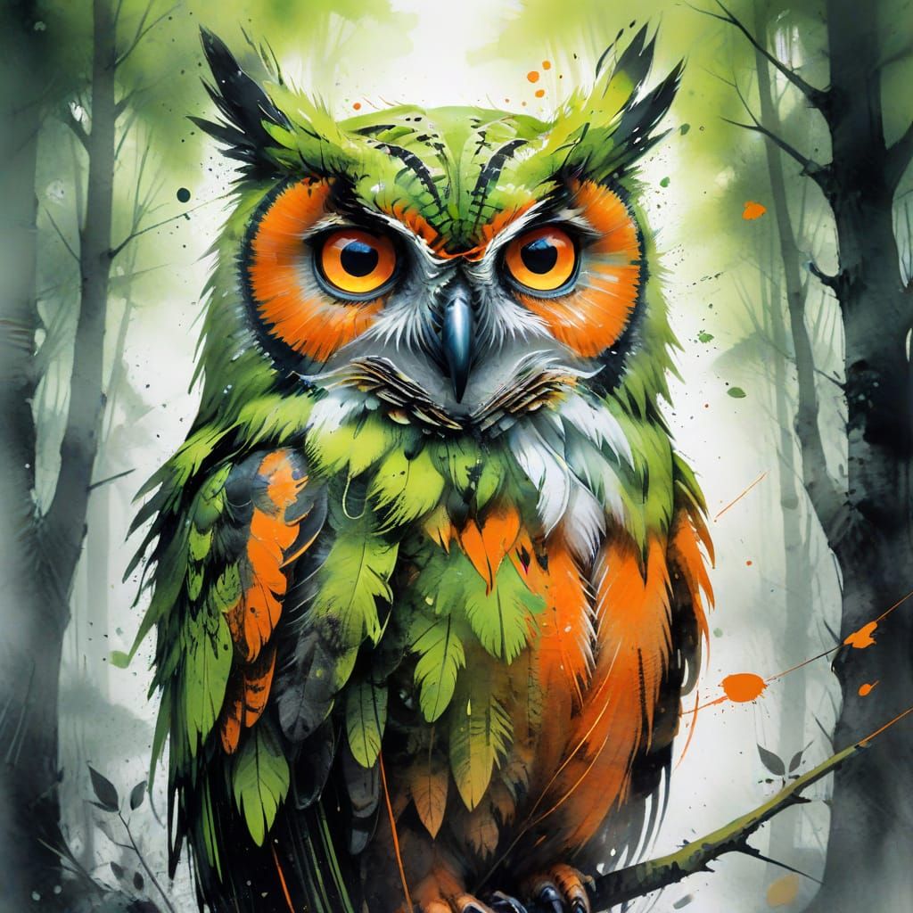 Neon Owl in Misty Forest: Watercolor Art