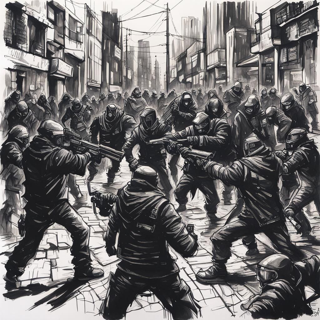 Cyberpunk Gang Brawl in Monochromatic Ink