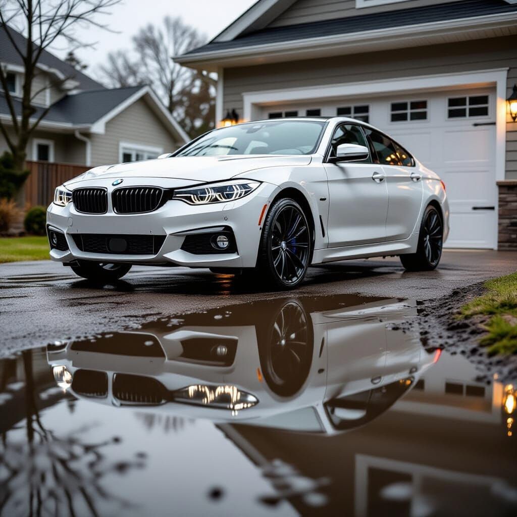 Pristine Car Gleaming Next to Ominous Mud Puddle