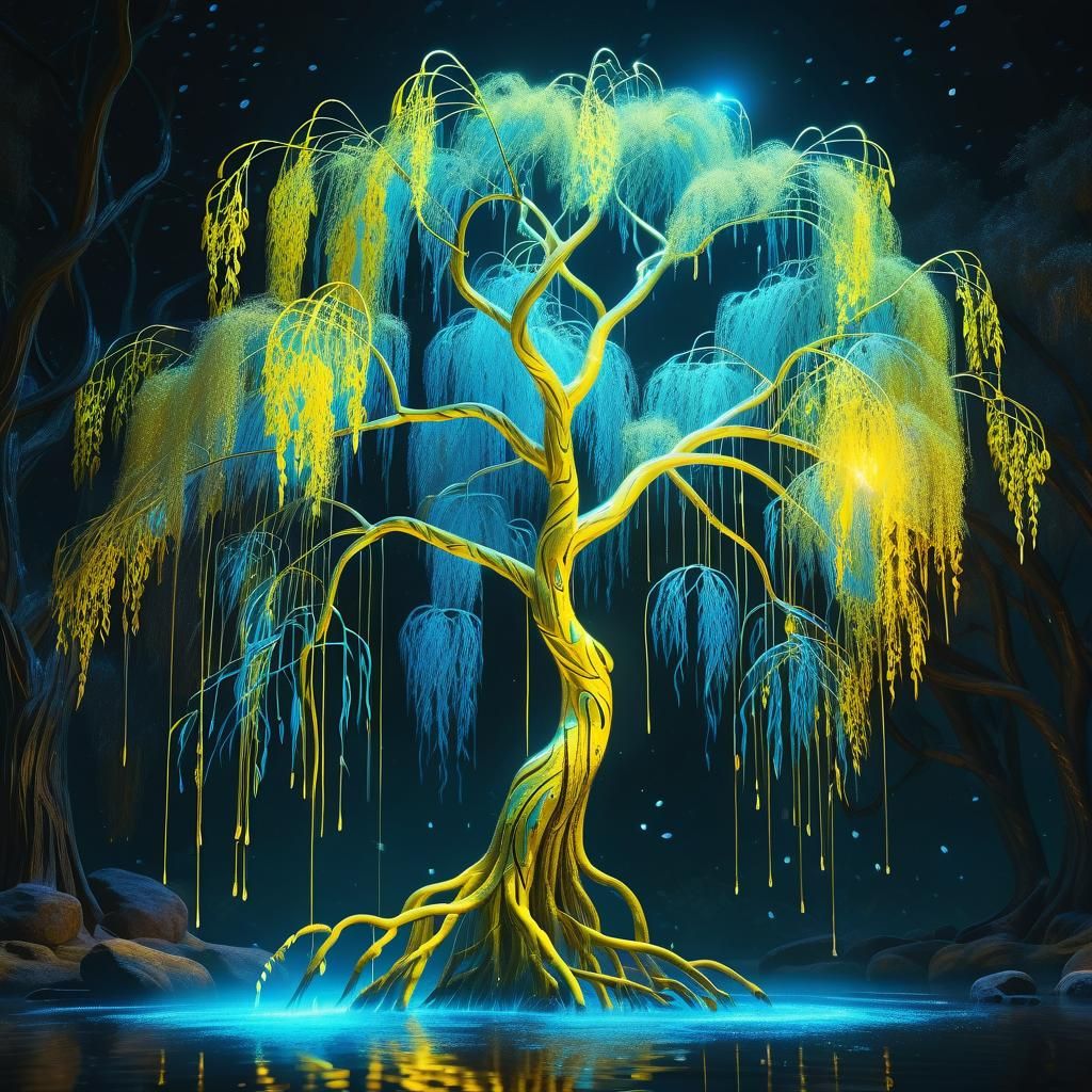 Bioluminescent yellow Weeping Willow as a woman glowing yell...