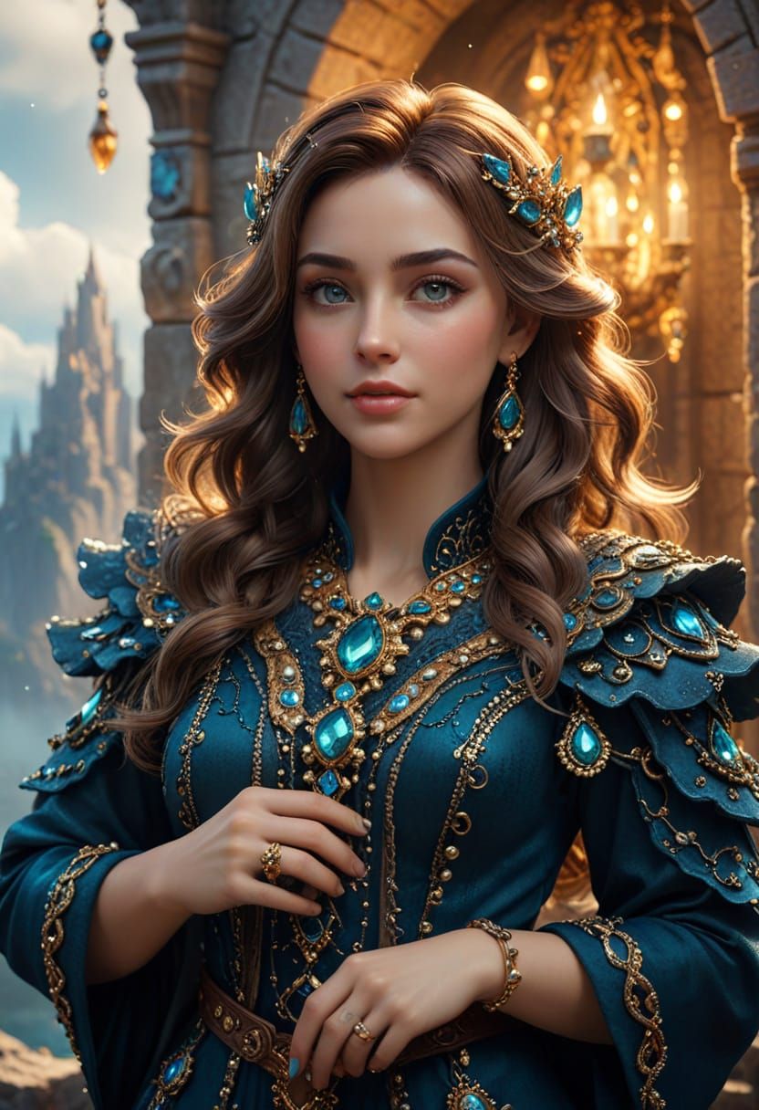 Fantasy Portrait of a Serene Woman in Stone Hall