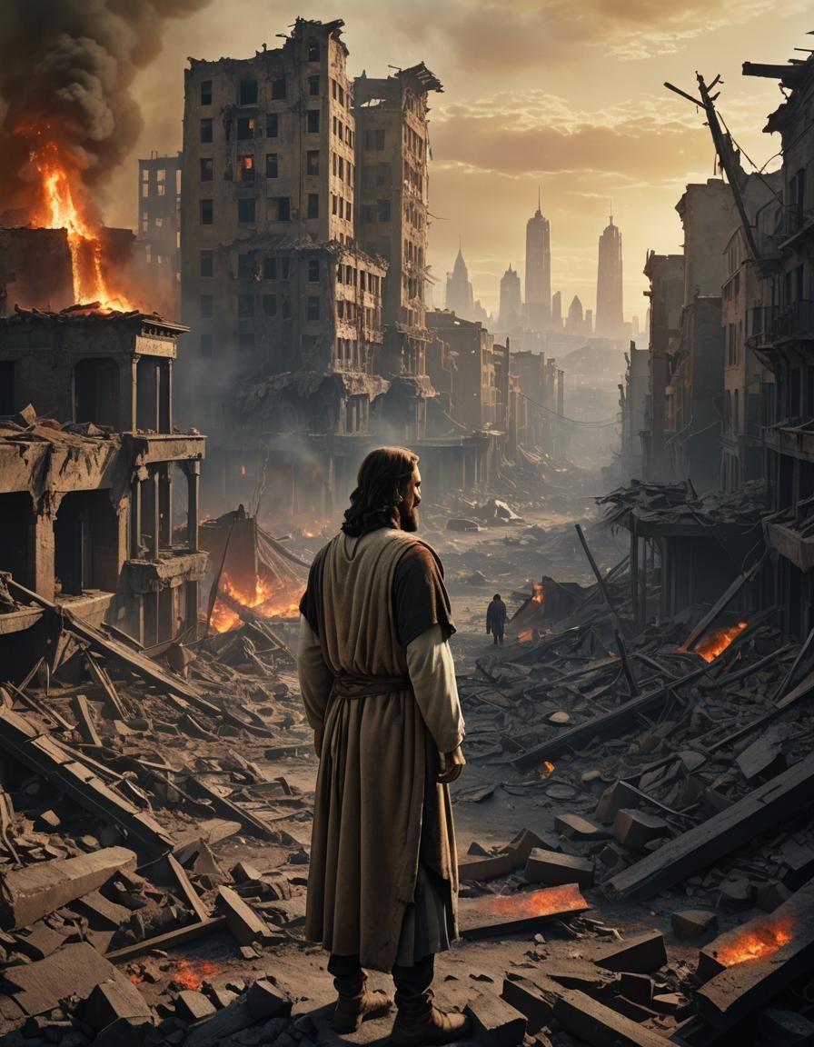 Christ Observes War-Torn Cityscape in Golden Light