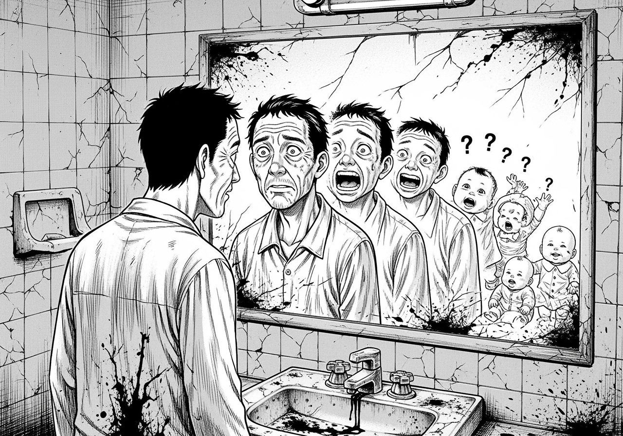 Man's Reflection De-aging in Gritty Manga Style