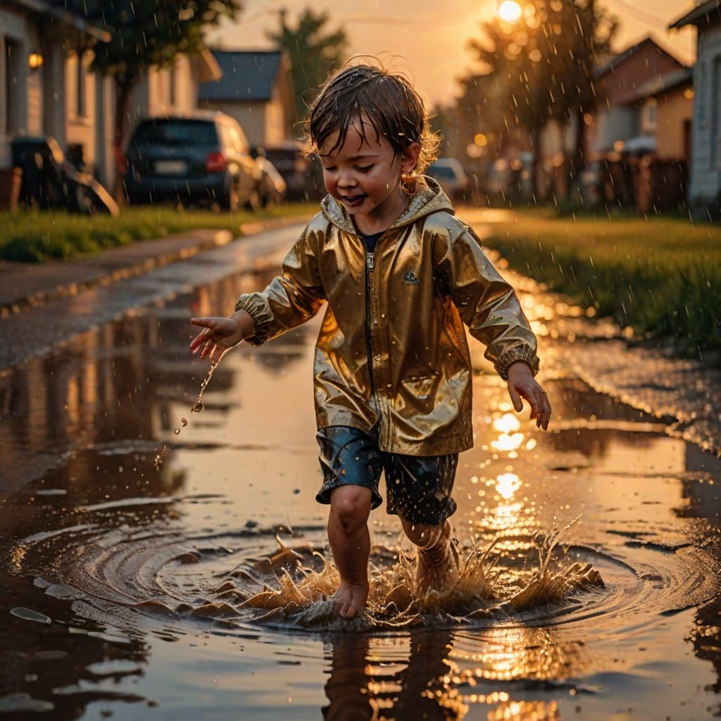 Child's Joy: Golden Summer Rain Reflection