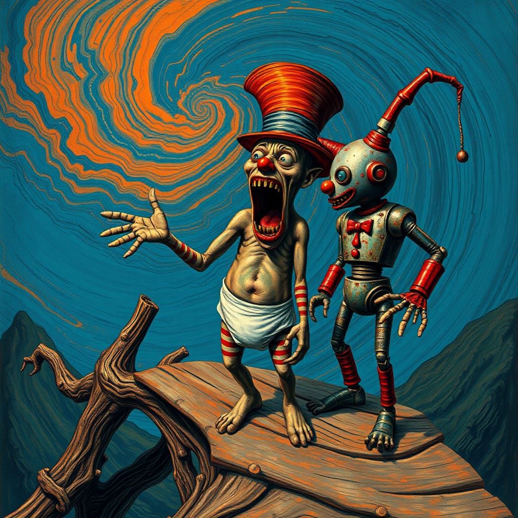 An intensely emotive anthropomorphic screaming Mad Hatter  wearing a diaper, reminiscent of Edvard Munch's iconic The Sc...