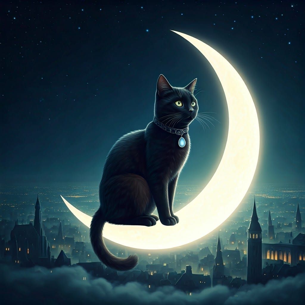 Black Cat on Crescent Moon Above Mystical City