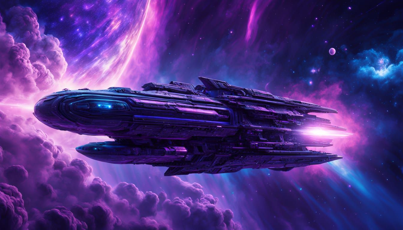 Ethereal Cosmic Odyssey in Neon-Hued Spacecraft