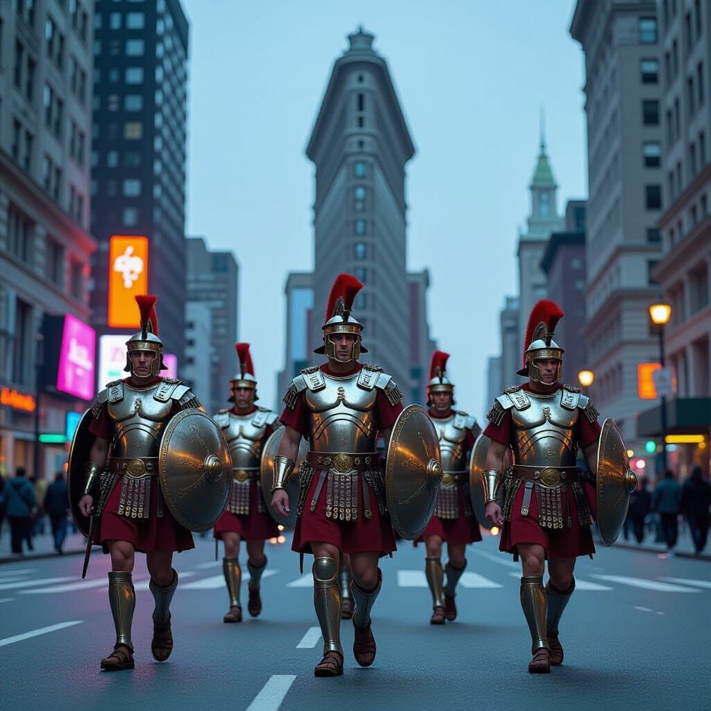 Roman Legionaries on 5th Avenue in Cyberpunk Style
