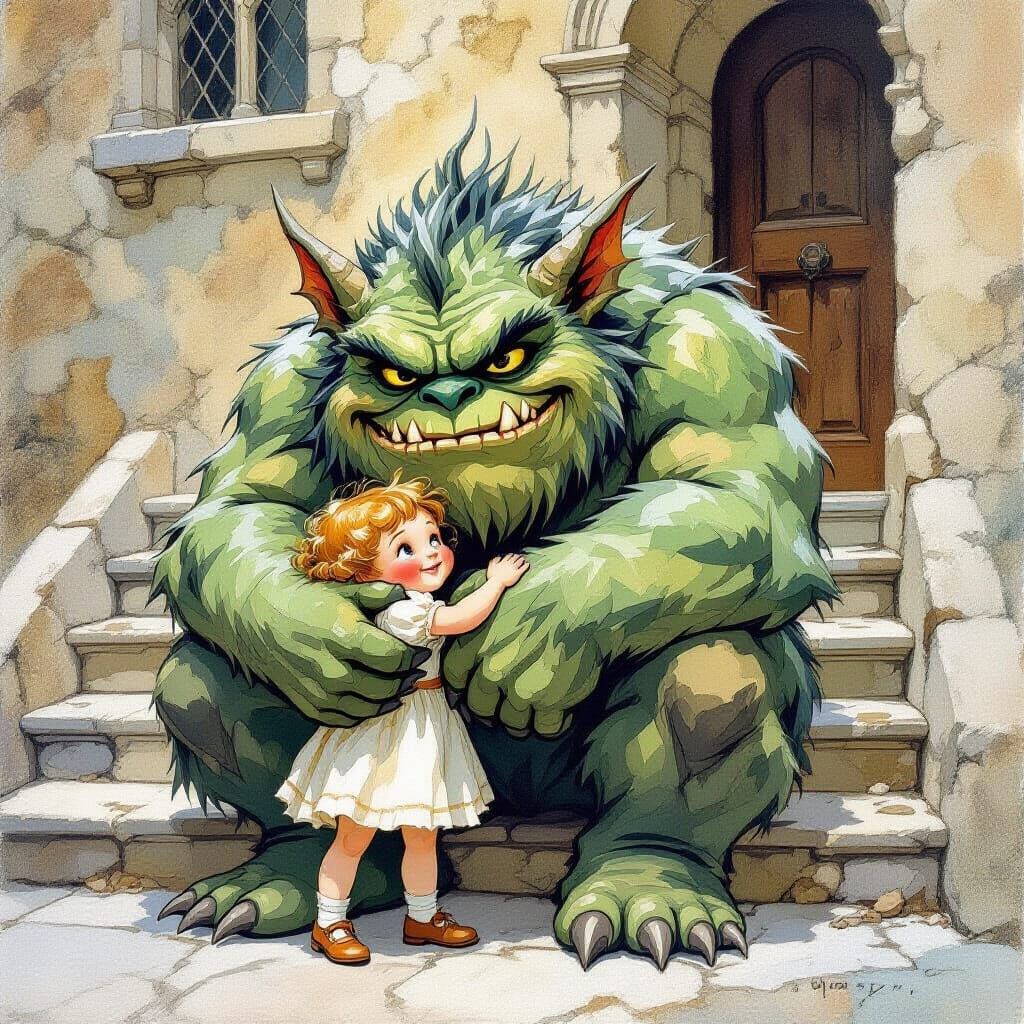 Edwardian Child Hugs Grumpy Monster, Gouache Watercolor