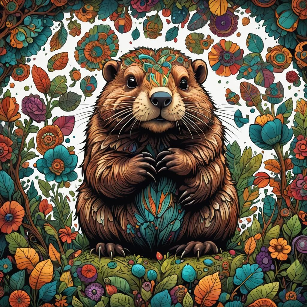 Psychedelic Cartoon Beaver with Intricate Details