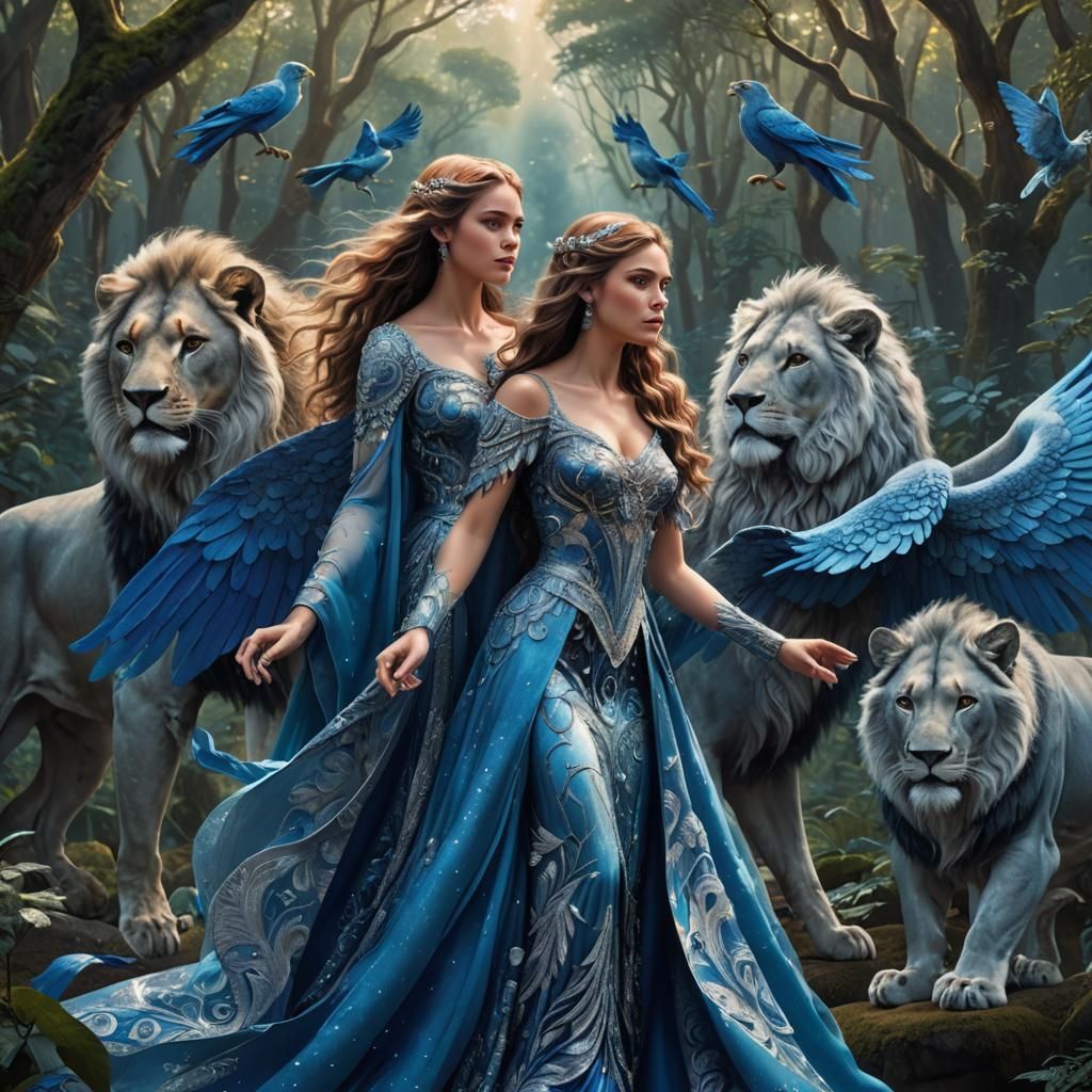 Woman with Blue Lions in Forest, Digital Art