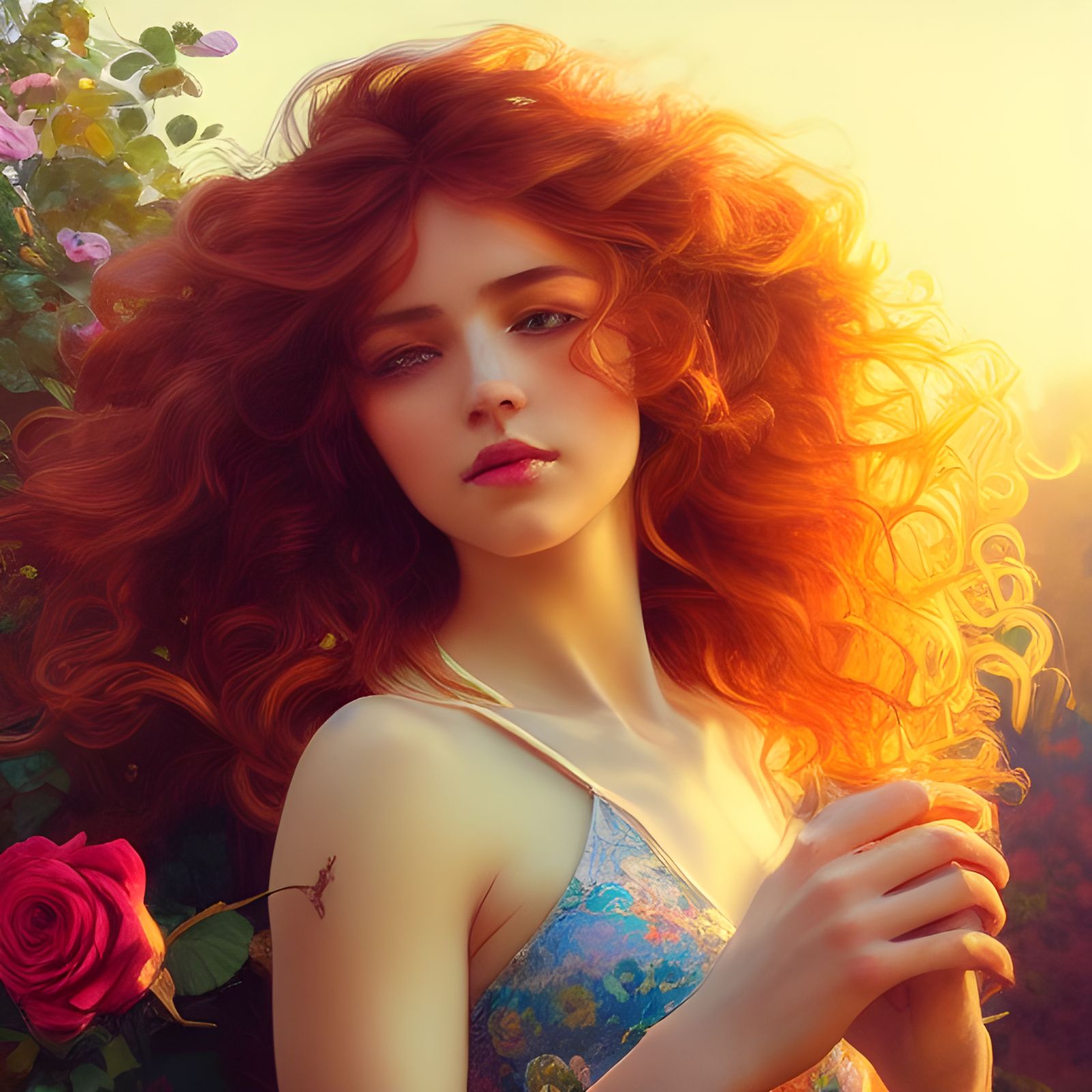 Girl with Roses Portrait in Golden Hour Light