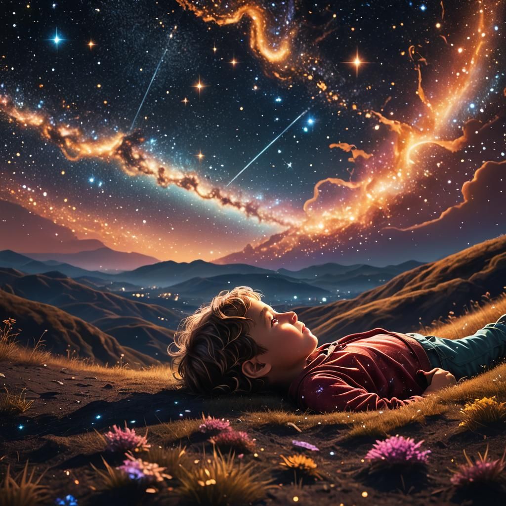 Child Stargazing in Psychedelic Astral Dreamscape