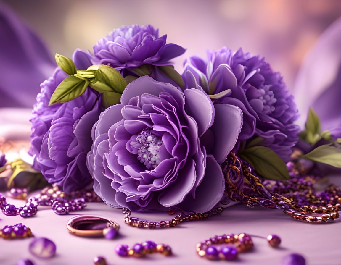 Ornate Purple Flowers and Jewelry in Photorealistic Style