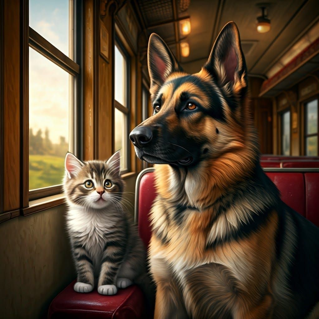 Whimsical Train Ride with Kitten and German Shepherd