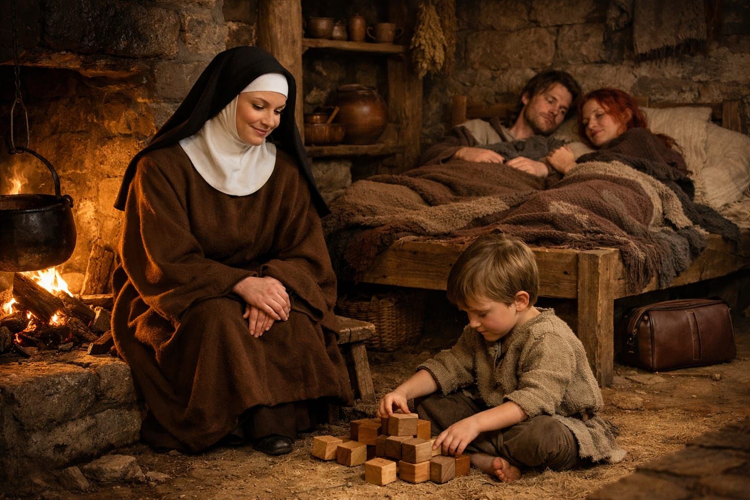 Medieval Cottage Scene with Carmelite Nun and Child