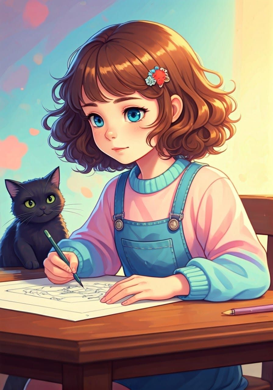 Girl with Cat Drawing in Pastel Manga Style