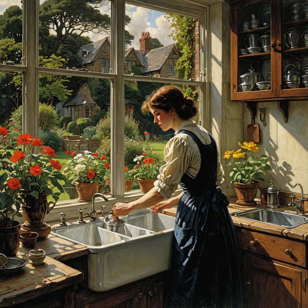Woman Washing Dishes in Sunlit Kitchen: Wrightson, Waterhous...