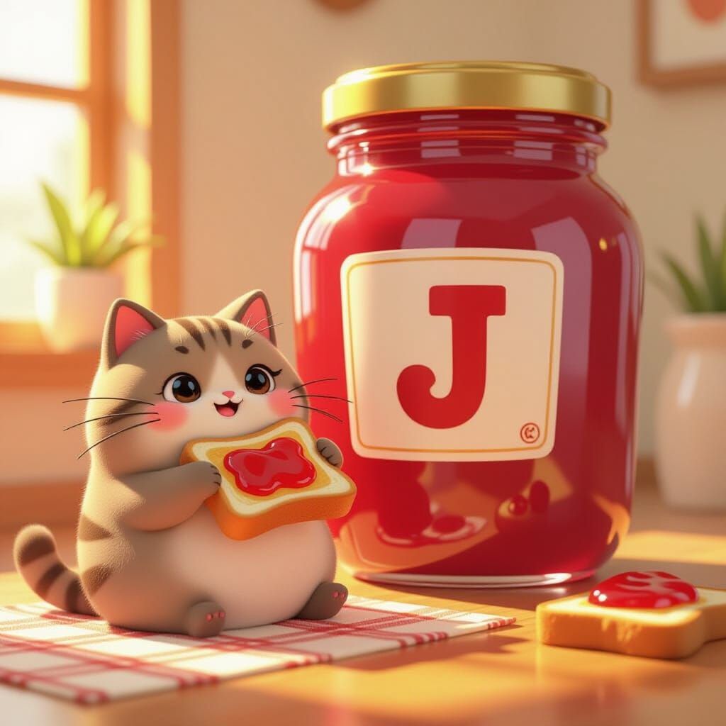 Pusheen Cat Enjoys Toast Beside Giant Jelly Jar