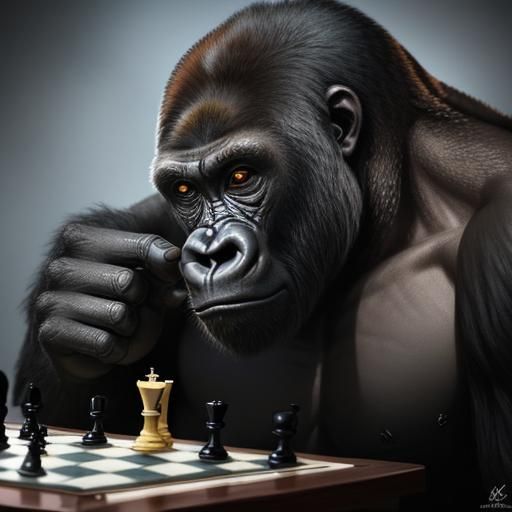 Hyperrealistic Gorilla Engaged in Chess Game