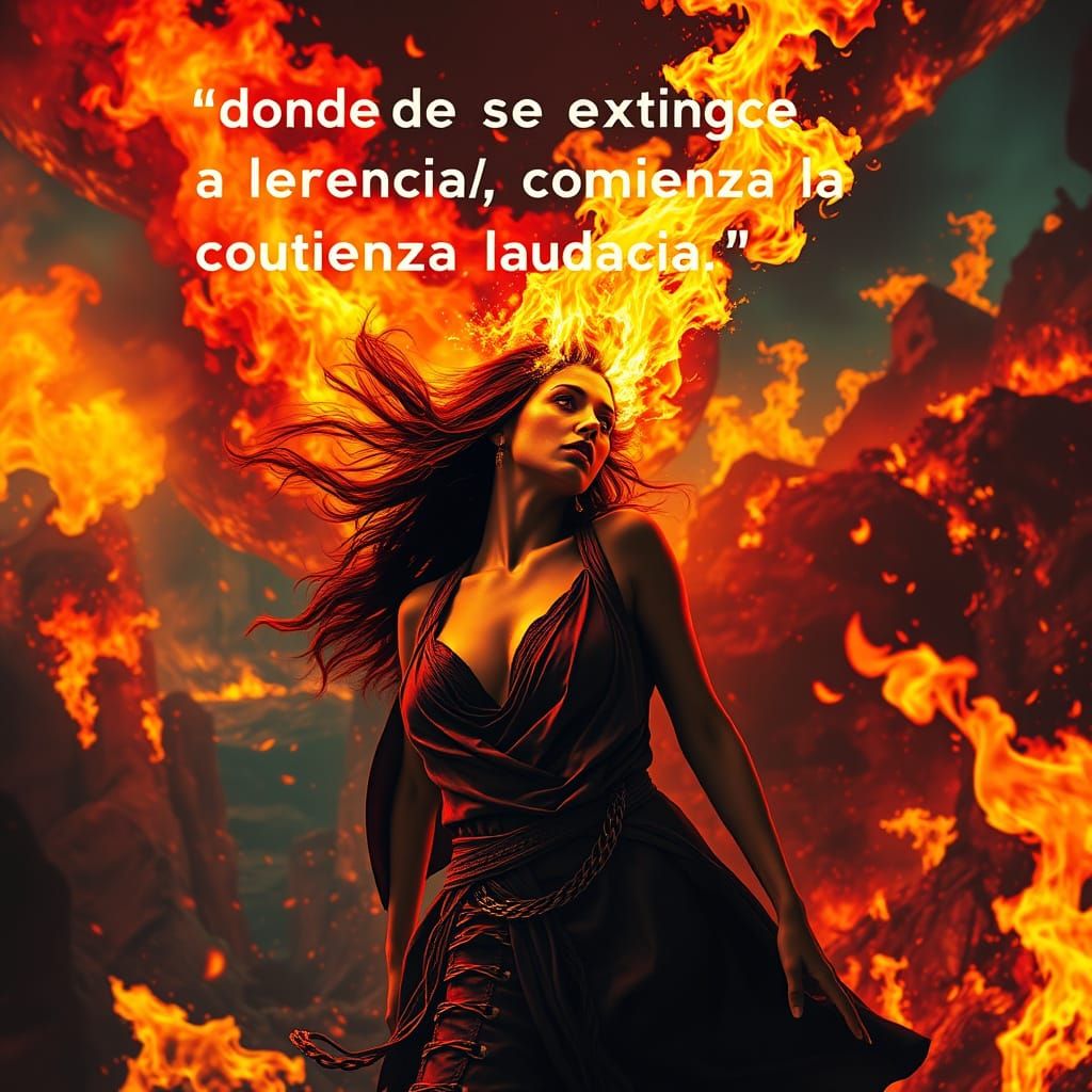 Fiery Woman in Apocalyptic Landscape