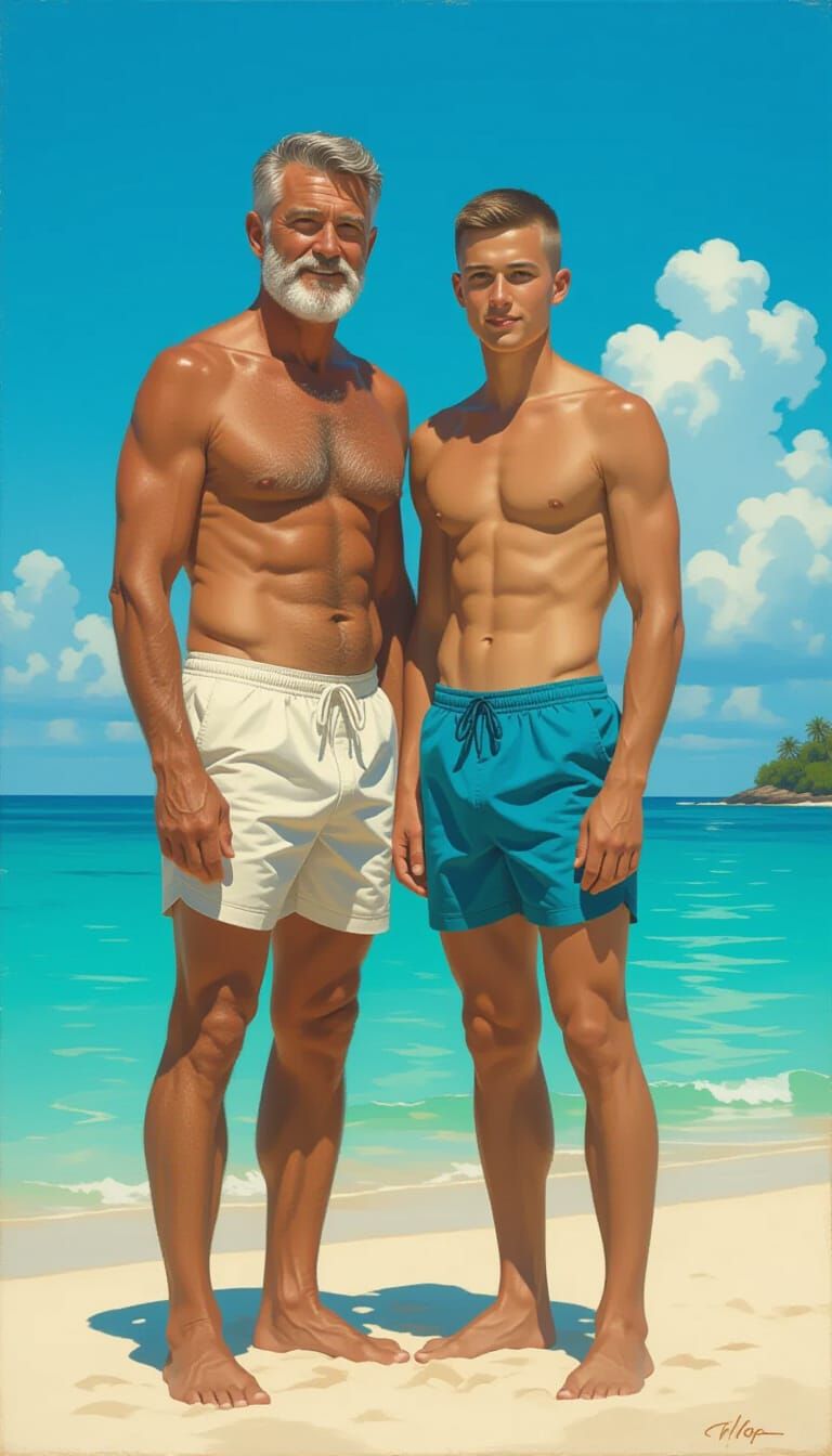 Father and Son on Tropical Island Oil Painting