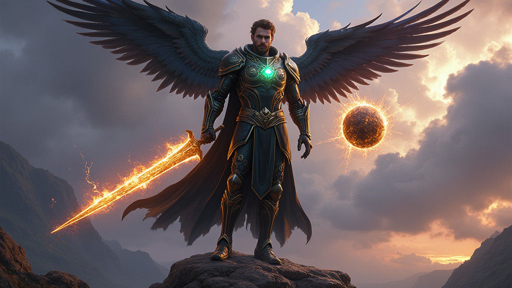 Heroic Figure with Wings of Light and Darkness