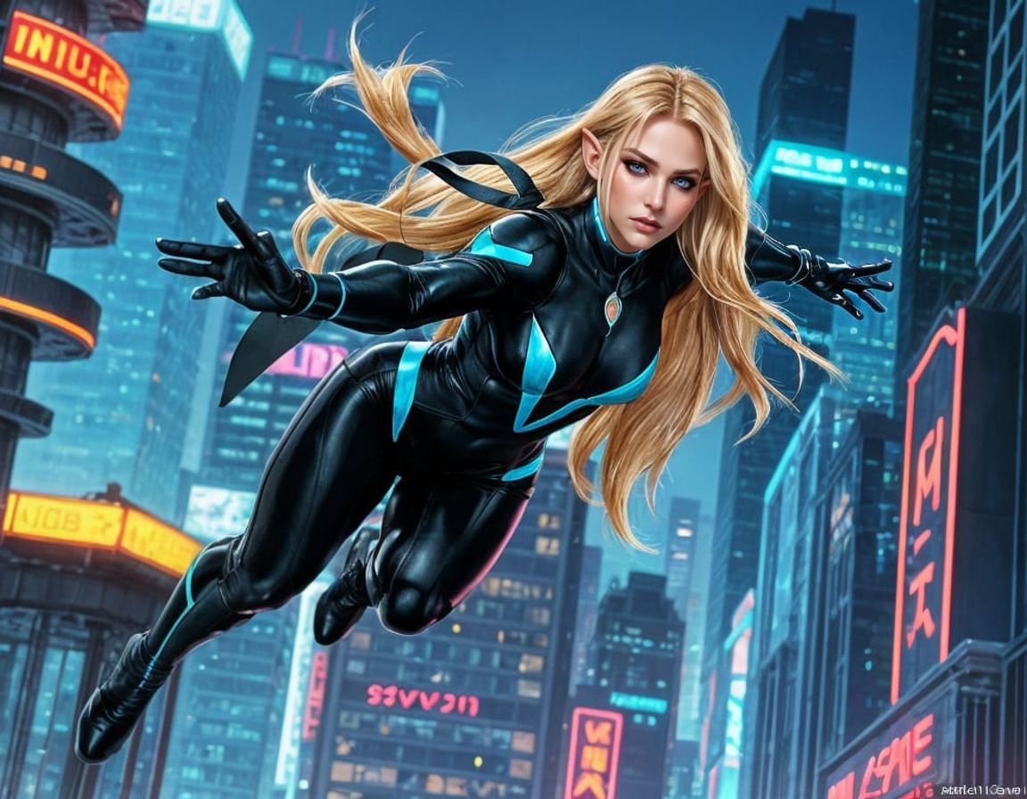 Elven Superhero Soaring Through Cyberpunk Cityscape