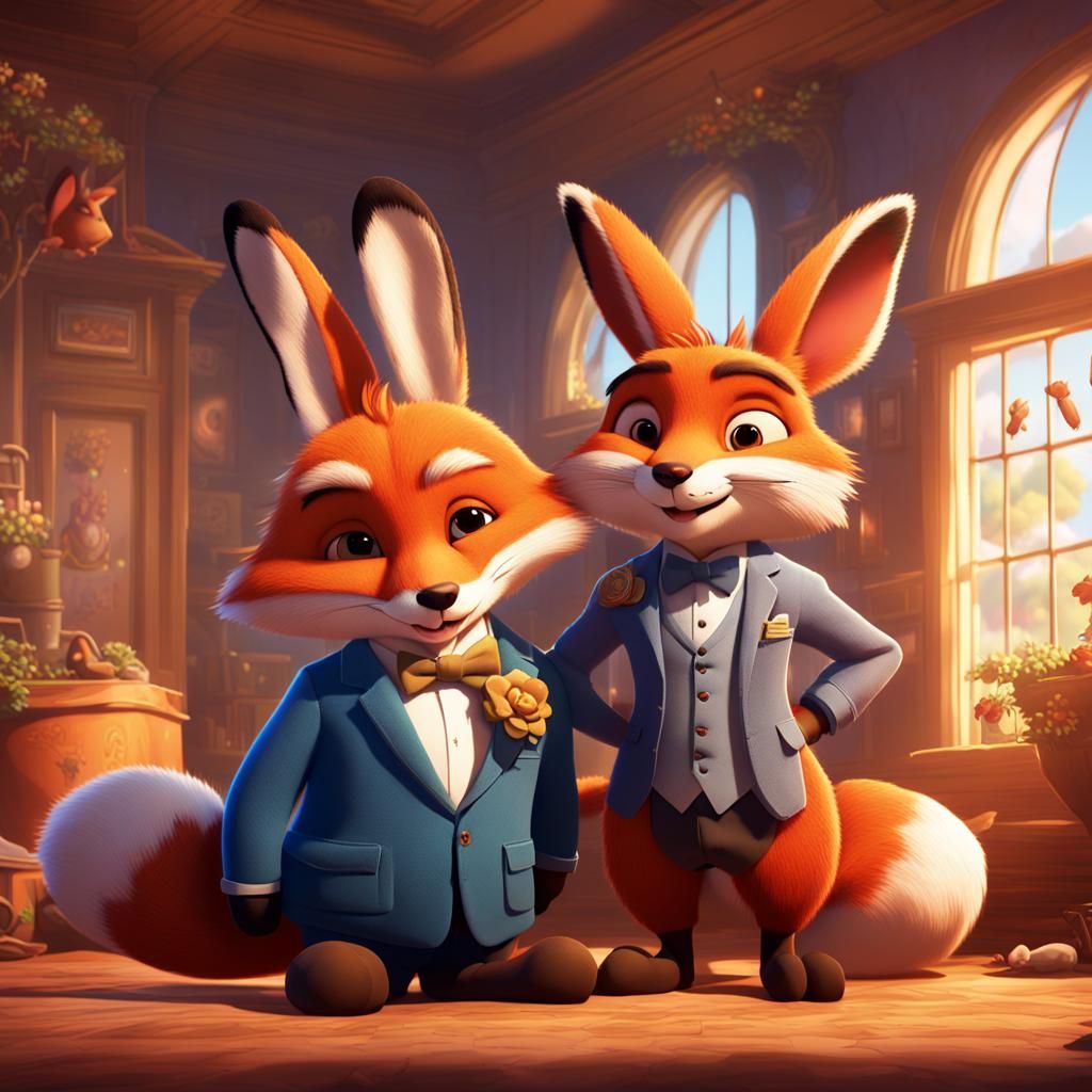 Fox and Rabbit Cuddle in Elegant House: Pixar Style